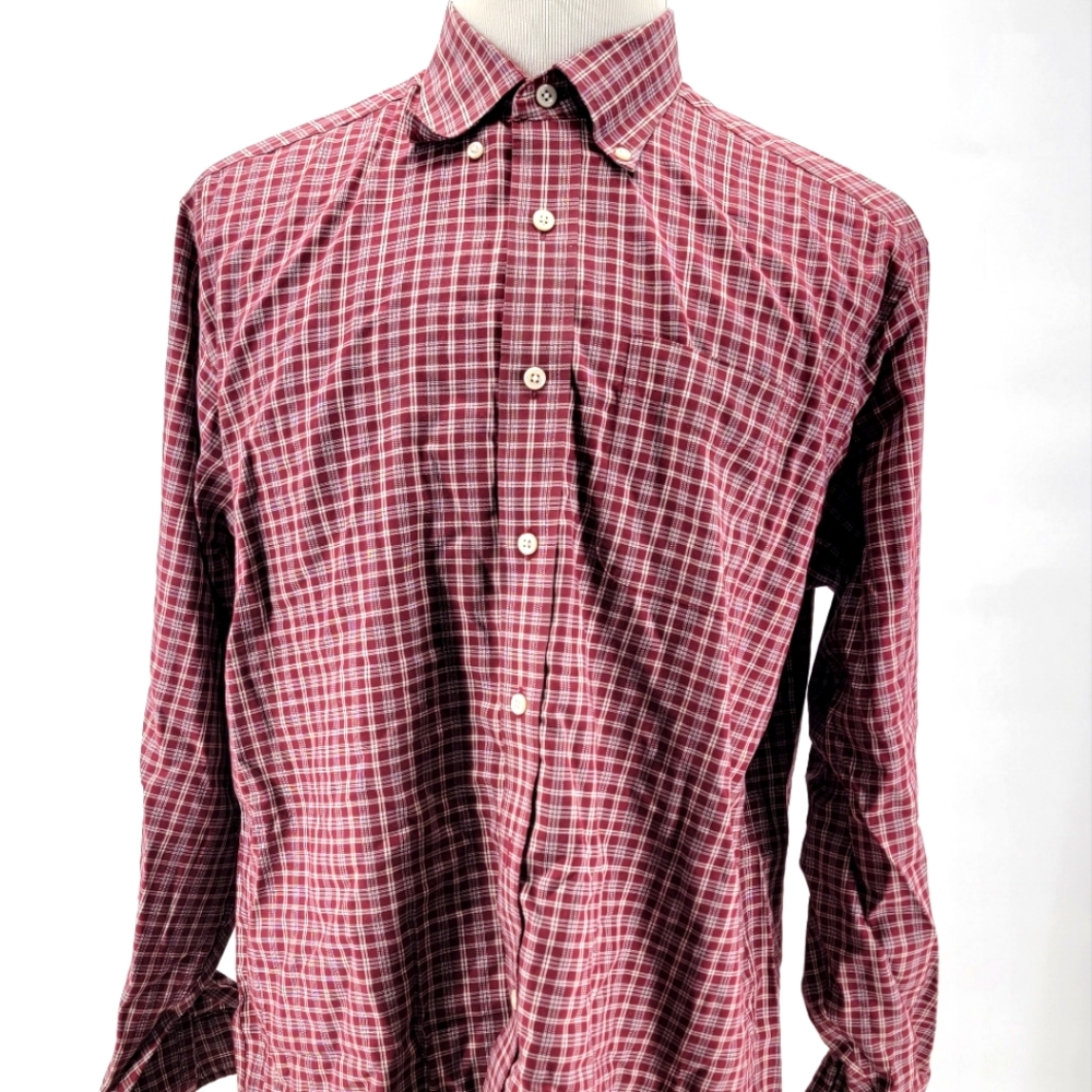 Mens LL Bean Long Sleeve Red Plaid Button Front Shirt Size Large LG REG
